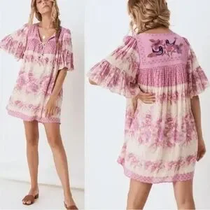 Spell & the Gypsy Collective Pink and Cream Floral lurex dress EUC Free People